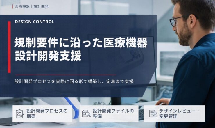規制要件に沿った医療機器 設計開発支援：設計開発プロセスを実際に回る形で構築し、定着まで支援（設計開発プロセスの構築／設計開発ファイルの整備／デザインレビュー・変更管理）