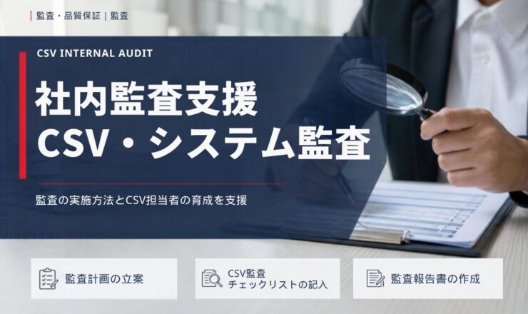 社内監査支援 CSV・システム監査：監査の実施方法とCSV担当者の育成を支援（監査計画の立案／CSV監査チェックリストの記入／監査報告書の作成）